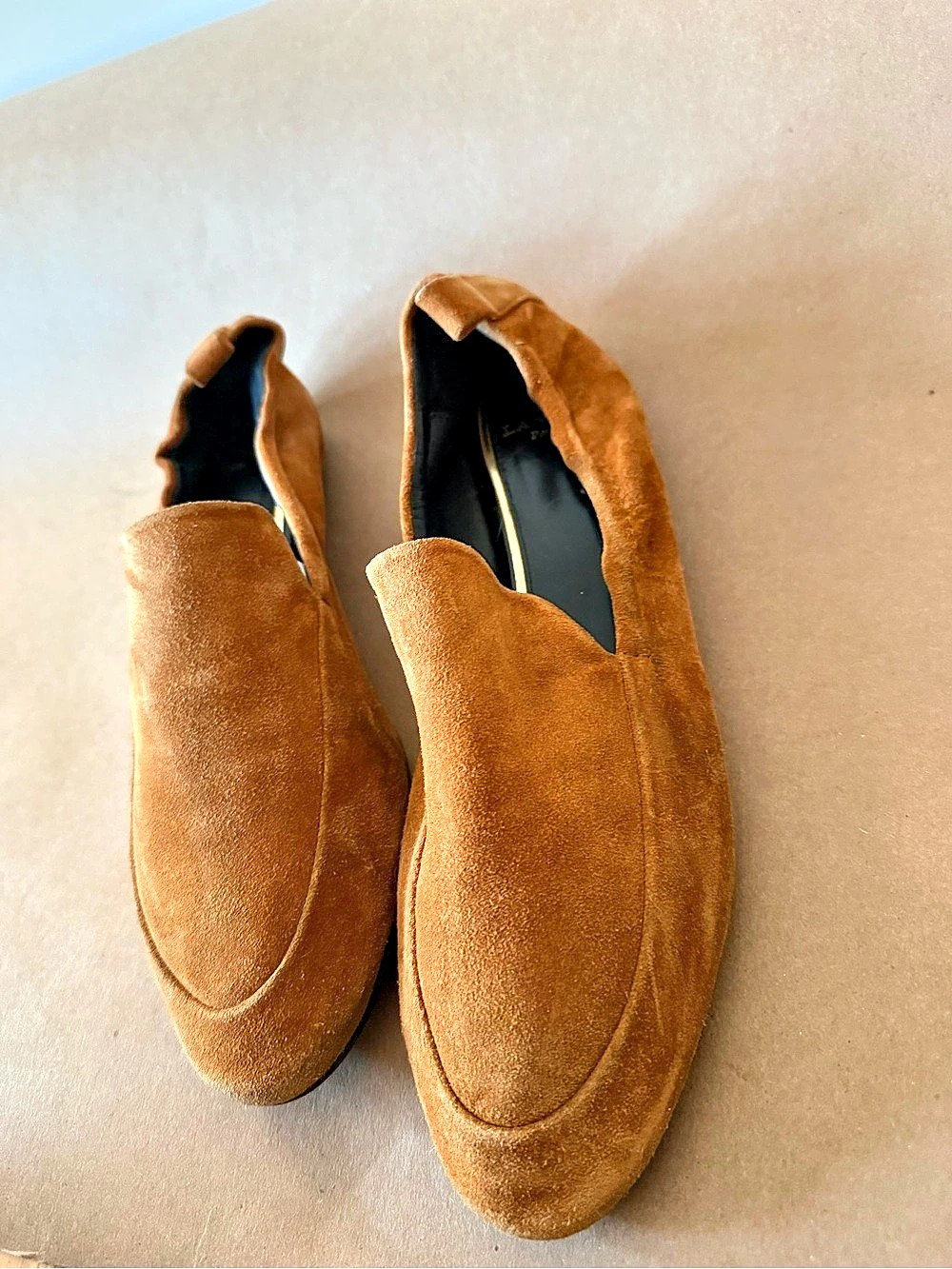 Lanvin Camel Tan Suede Loafer Flats Elastic Back Made in Portugal fit like 7.5